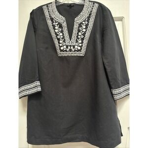Talbots Black Size‎ M Embroidered Linen Cotton Blend Tunic V Neck